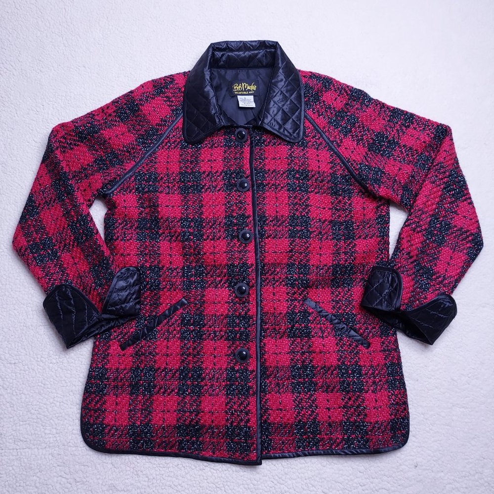 Bob Mackie Pink and Black Plaid Tweed Jacket Large Wearable Art Quilted Pea Coat